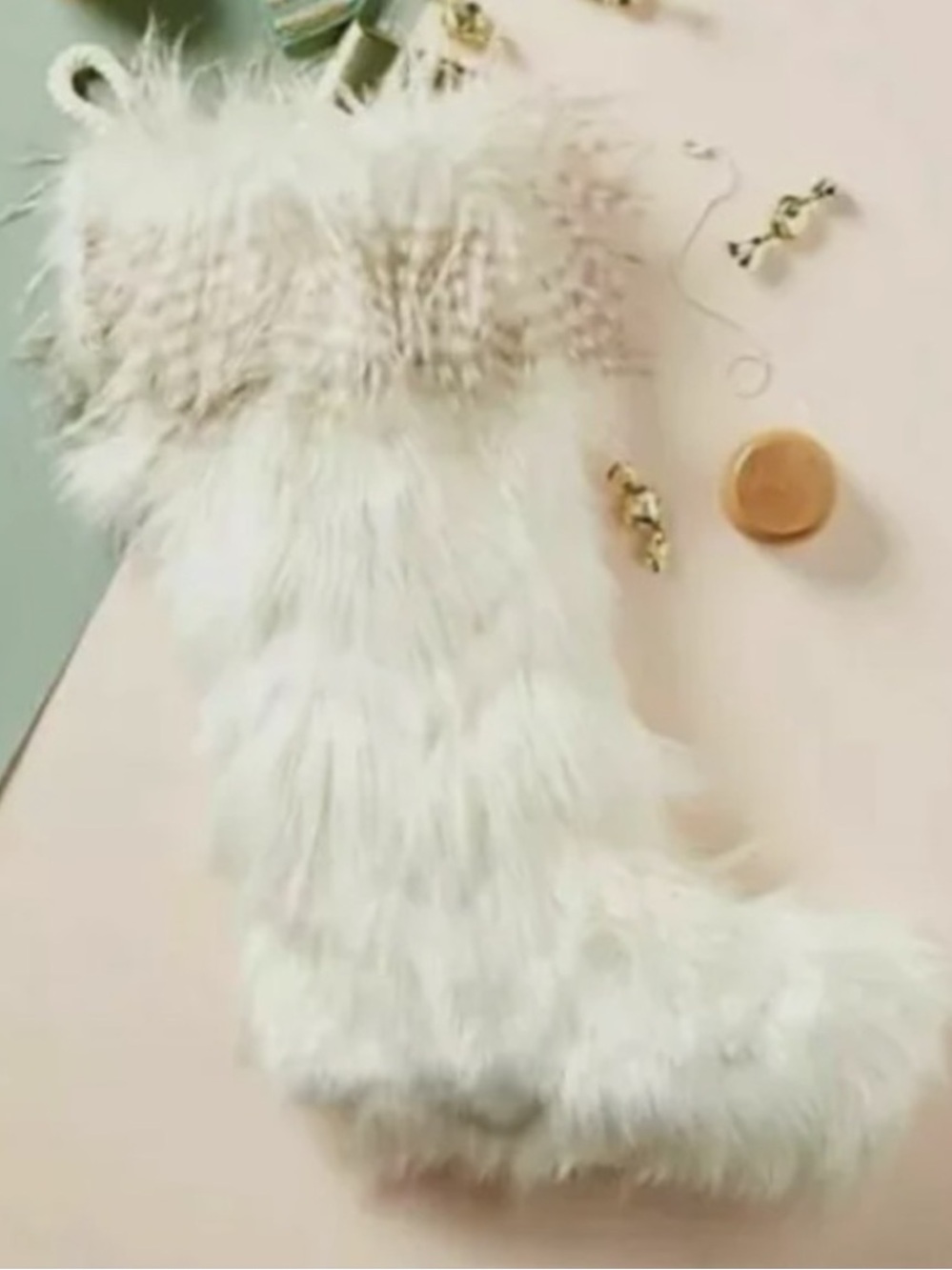 Anthropologie North Pole Off White Faux Fur Stocking NEW